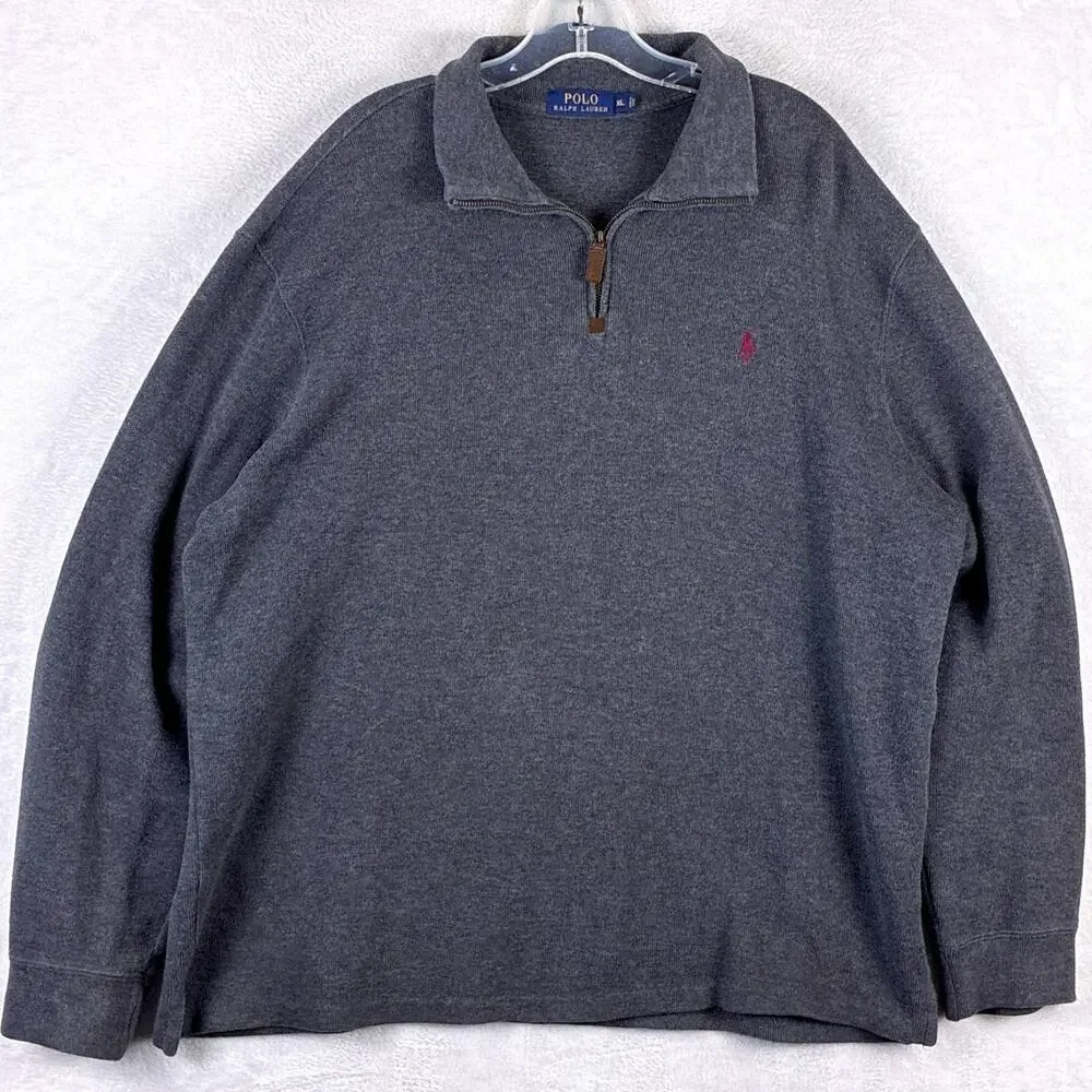 Polo Ralph Lauren 1/4 Zip Sweater Mens XL Gray Red Pony Pullover Preppy Classic